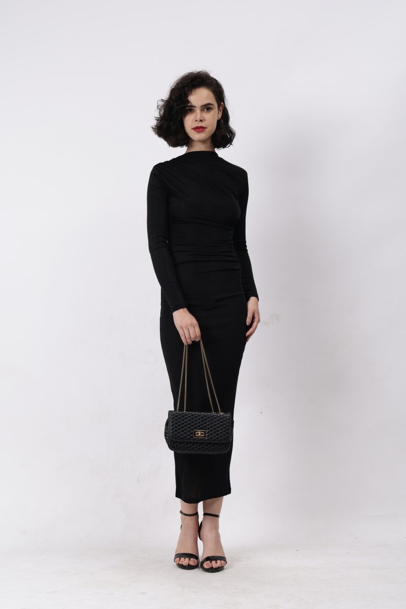 Gaiia Full Sleeves Gathered Long Dress - Black - GAIIA
